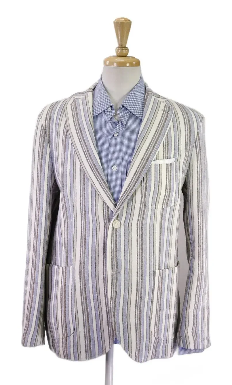 Barbati Blue Brown White Striped Patch Pocket Terry Cotton 2B Blazer Jacket 42R